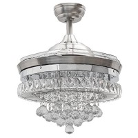Huston Fan 42 Inches Chrome Crystal Ceiling Fan Light Remote Control Chandelier Ceiling Fan With 4 Clear Retractable Blades Bedroom Living Room Light Fixtures Ceiling Fan - B0718V7YYJ